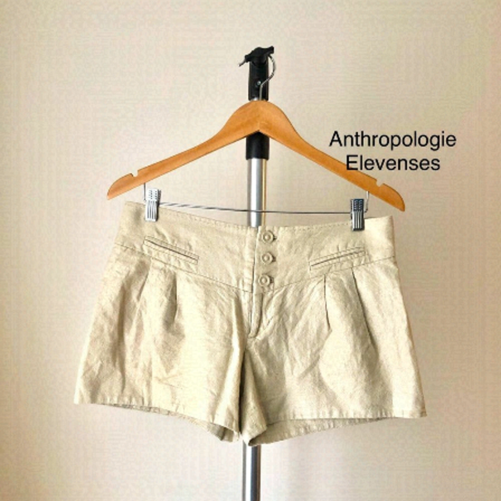 Elevenses Anthropologie Linen Blend High Waist Button Fly Shorts Beige Tan 6